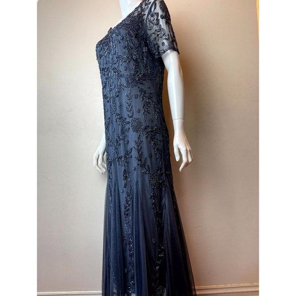 Adrianna Papell Women Beaded Gown Maxi Dress Back Keyhole Short Sleeve Blue SZ 4 - Picture 4 of 8